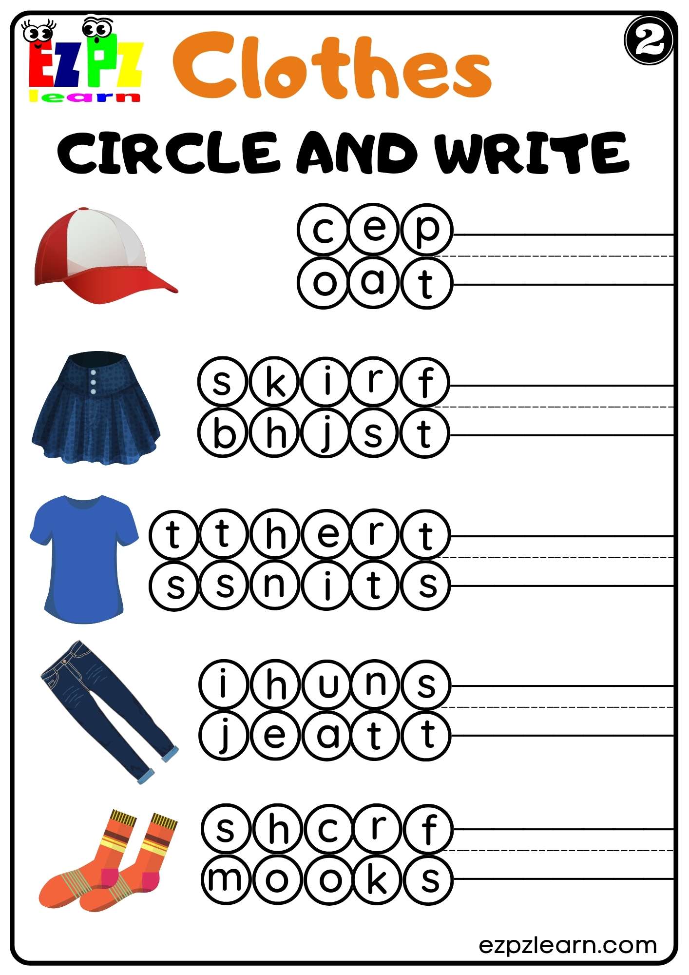 Clothes Circle the Word Worksheet for Kindergarten K5 and ESL set 2